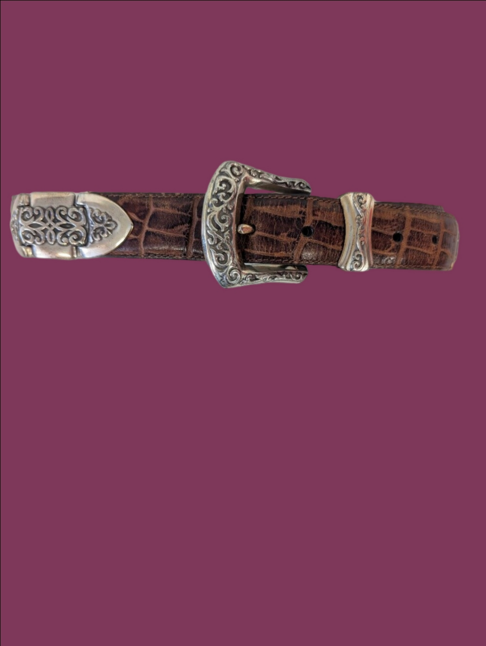 Vintage Brighton Western Brown Croc-Embossed Leather Belt Ornate Silver Buckle